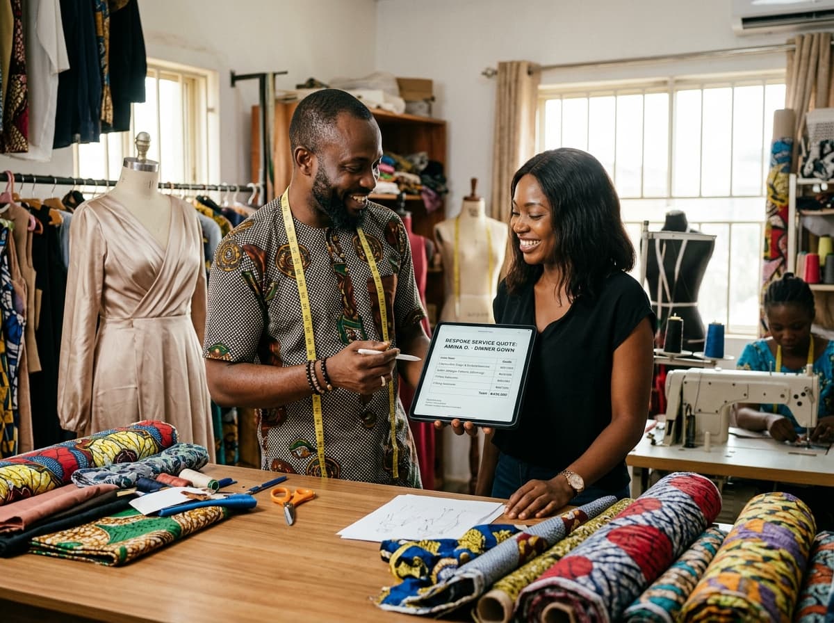 Digital freelancer and artisan reviewing a bespoke service quote on a digital tablet