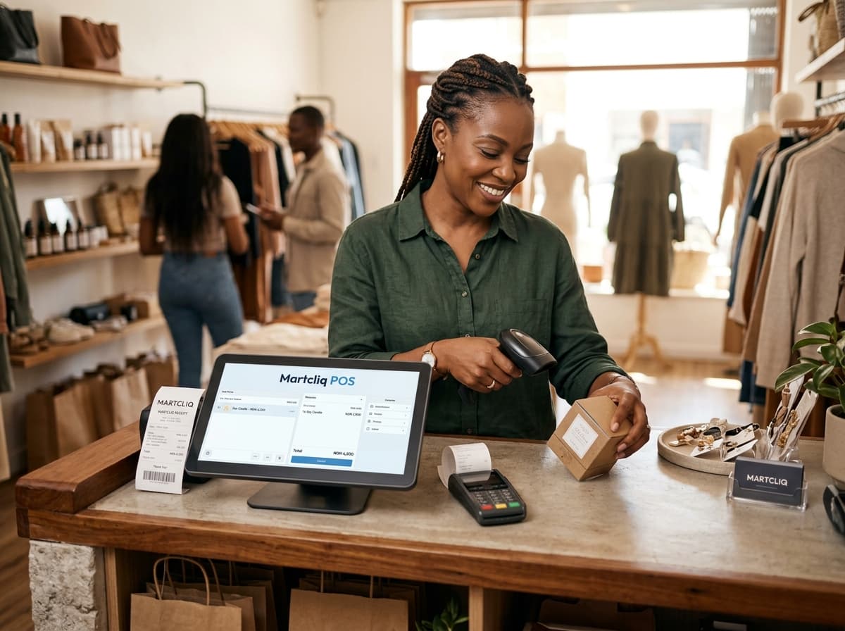 MartCliq retail counter with offline POS barcode scanning and stock management
