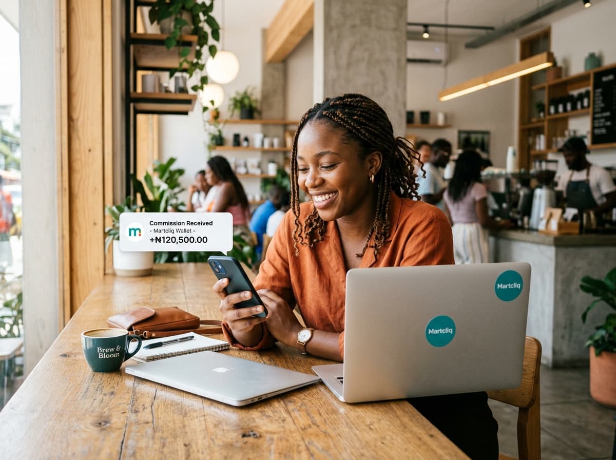Remote sales rep reviewing earnings and store catalog on smartphone
