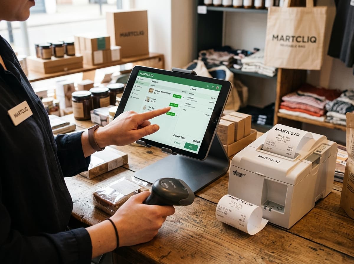 Martcliq POS tablet interface and printed thermal receipt at checkout counter